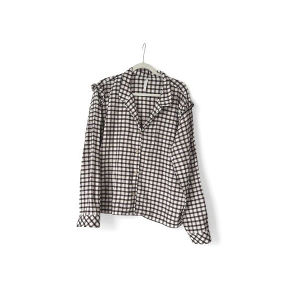 Southern Tide Womens XL Plaid Ruffle Shoulder Button Down Shirt Navy White